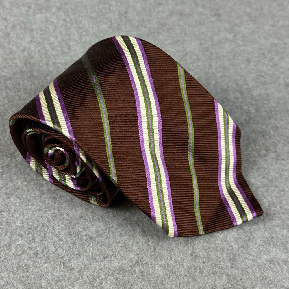 Etro Milano Italy Silk Cotton Brown Stripe Necktie Purple Green 57x3.75"